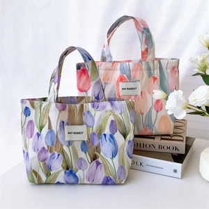 Women Canvas Handbag Tulip Floral Print Cotton Tote Small Fresh Cute Ins Style Portable Bag