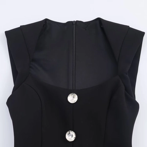 Women's black short jumpsuit with elegant square neck and silver jewel button details