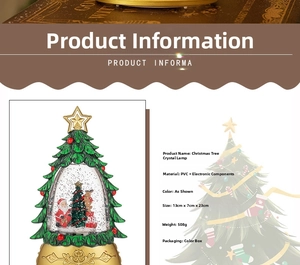 Detailed technical specifications for a 23cm Christmas tree snow globe with Santa and deer