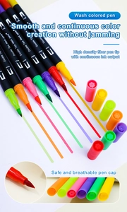 Close-up of dual tips with brush and fine points showing smooth colorful ink strokes