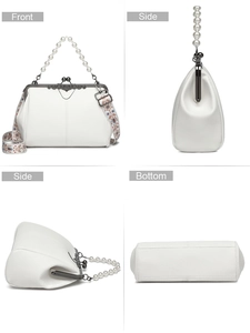 Detailed views of white leather frame bag with pearl handle and floral strap from four angles