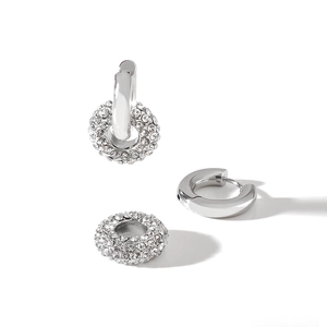 Polished silver stainless steel hoop earrings with detachable full diamond pave charms