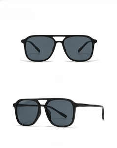 Front and side angles of black square double bridge sunglasses in a modern retro style