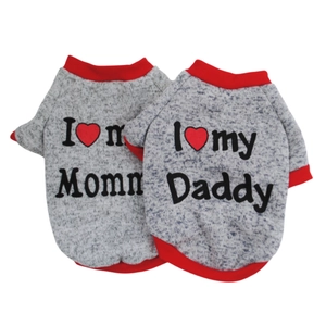 Close-up of thick fleece dog sweaters with I Love Mommy and Daddy embroidery