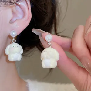 Cute white flocked bunny earrings with round pearls for women in elegant sweet style