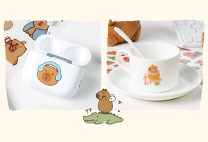 Cute Capybara ceramic coffee cup and AirPods case set with adorable cartoon patterns