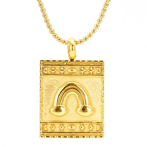Gold rectangular pendant necklace with celestial star, moon and all-seeing eye embossed patterns