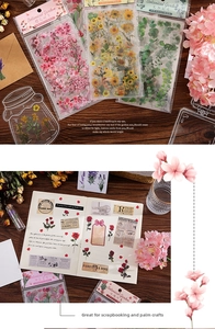 Detail showing PET transparent floral stickers used for creative journaling and decoration