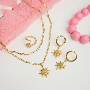 Sunburst Necklace Earrings Ring Jewelry Women Gold Plated Stainless Steel Rhinestone Double Layer Paperclip Chain Luxury