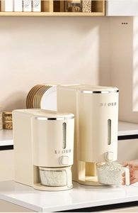 Detailed view of cream kitchen rice dispensers in 5kg and 10kg sizes with measuring cups