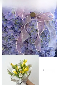 Detail of sheer pearl mermaid ribbon showing wavy edges for flower bouquet packaging