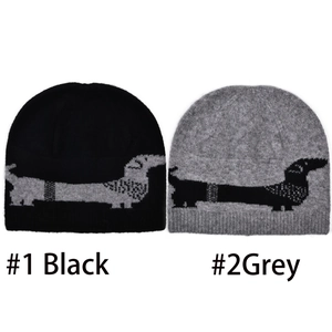 Dachshund pattern knit beanies in black and grey with ribbed cuffs and soft fabric