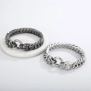 Vue détaillée de bracelets tête de loup style punk en argent et finition antique