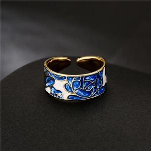 Blue and white porcelain style enamel ring with gold adjustable band for women