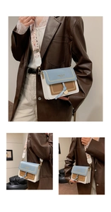 Three-color patchwork crossbody bag featuring light blue, brown and white PU leather