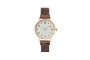 Detail view of women's quartz watch with rose gold case and brown mesh magnetic strap