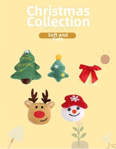 Detail of five plush Christmas brooches featuring snowman and reindeer with embroidery