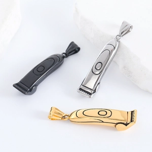 Barber razor pendants in gold, silver, and black finishes on white stones background
