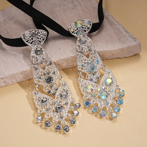 Silver hollow diamond-encrusted tie necklace with sparkling rhinestone fringe pendant
