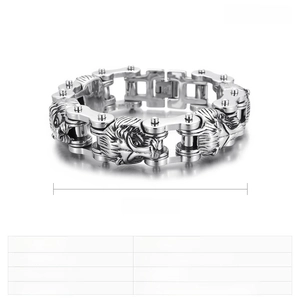 Industrial punk stainless steel biker bracelet with detailed lion head and heavy link specs