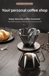 Detail of 400ml heat-resistant glass coffee server with wooden stand and drip filter