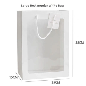 Large white gift bag with transparent window and handle, 35x25x15cm rectangular design