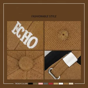 Brown distressed baseball cap with ECHO embroidery showing detail stitch and back buckle