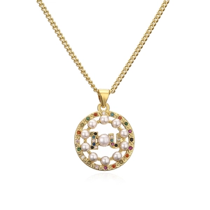 18K gold plated copper necklace with colorful zircon pearl money tree round pendant