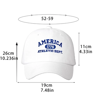 White America Athletic Dept baseball cap with dimensions and sizing measurements
