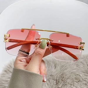 Square Frameless Sunglasses Metal Double Bridge UV400 Gradient Lens Wood Temple Retro Luxury Eyewear For Men Women
