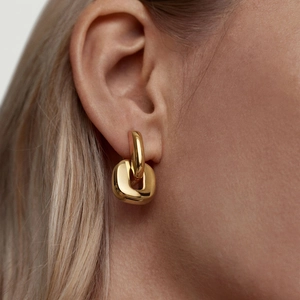 Modern minimalist 18K gold stainless steel interlocking oval link earrings on a model