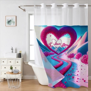 Detail of waterproof waffle fabric shower curtain featuring romantic pink heart tree pattern