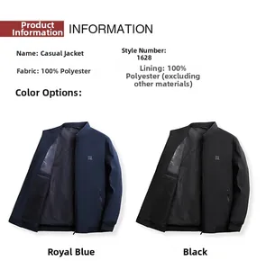 Detail view of polyester stand collar jackets in royal blue and black with zipper pockets
