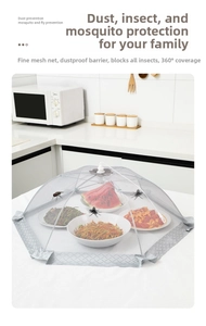 Detailed view of foldable fine mesh food cover protecting dishes in a modern kitchen