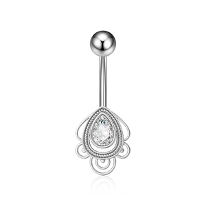 Detailed macro view of silver belly button ring with teardrop zircon and mirror reflection