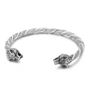 Vintage stainless steel wolf and snake head braided cable open cuff bracelet for men