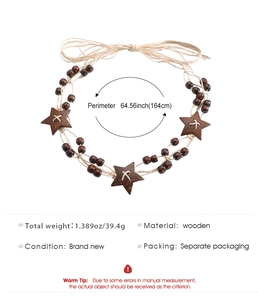 Detail showing 164cm bohemian braided waist chain with wood beads and star accents