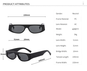 Detailed size specifications for rectangular sunglasses with PC frame and AC lenses