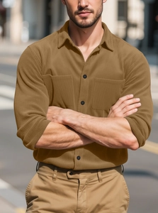 Men's slim fit corduroy jacket in camel brown with vintage double chest pockets