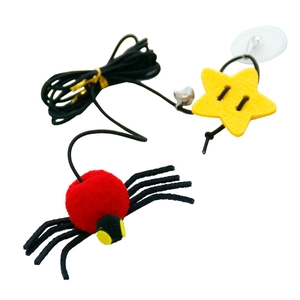 Hanging door cat toy with plush spider, feather, bell and elastic string for indoor play