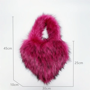 Faux raccoon fur heart-shaped handbag for kids in rose red with black tips, 45cm total height