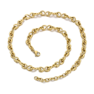 Golden infinity link chain necklace in stainless steel with lobster clasp on white background