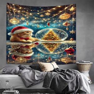 Cozy bedroom wall hanging featuring a festive orange cat and Christmas tree illustration