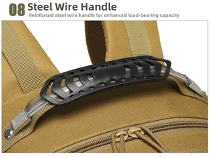 Close-up of tactical backpack top handle with reinforced steel cable and metal buckles