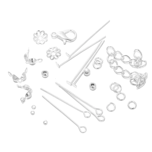 Detailed silver jewelry findings kit including lobster clasps, jump rings and head pins