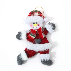 Christmas snowman plush ornament with red plaid hat and grey heart for tree decoration