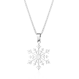 Detailed view of a polished silver snowflake pendant on a stainless steel necklace chain