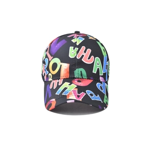 Streetwear baseball cap in black with vibrant all-over colorful letter graffiti print