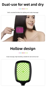 Detail of hollow vented hairbrush showing flexible bristles for wet and dry massage
