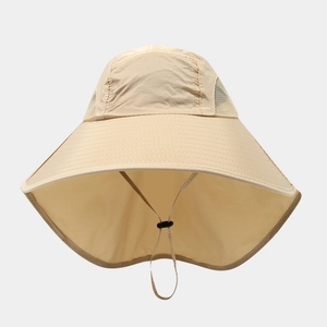 Outdoor wide brim sun hat for hiking and fishing with neck protection in beige color